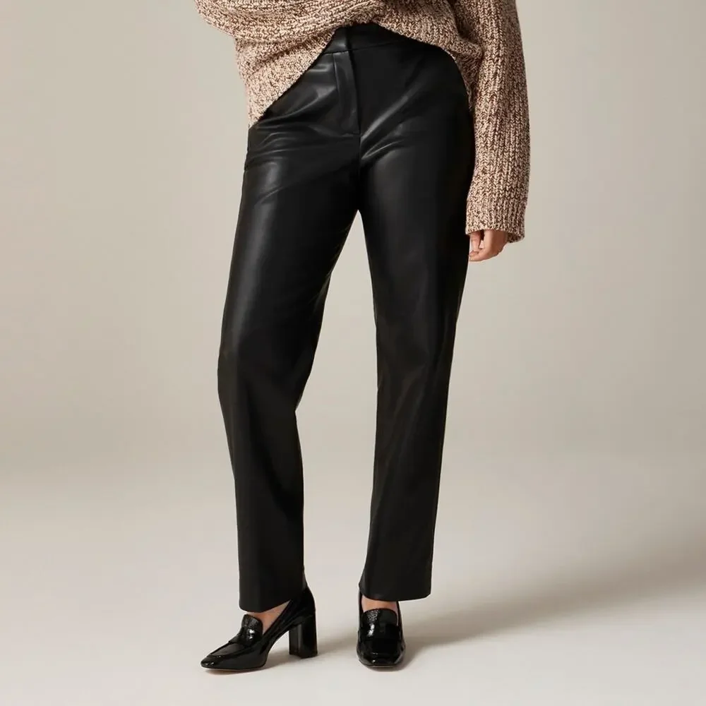 J. CREW Kate Faux Leather Pant Black Mid Rise Straight Leg Casual Women's 00